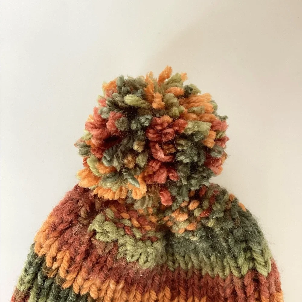 Hat Beanie Hand Crafted Baby Pom Pom Knit Green Rust Orange Knit Fall